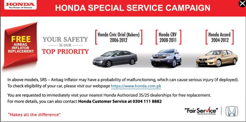 Honda Pak Free Airbag Replacement Services