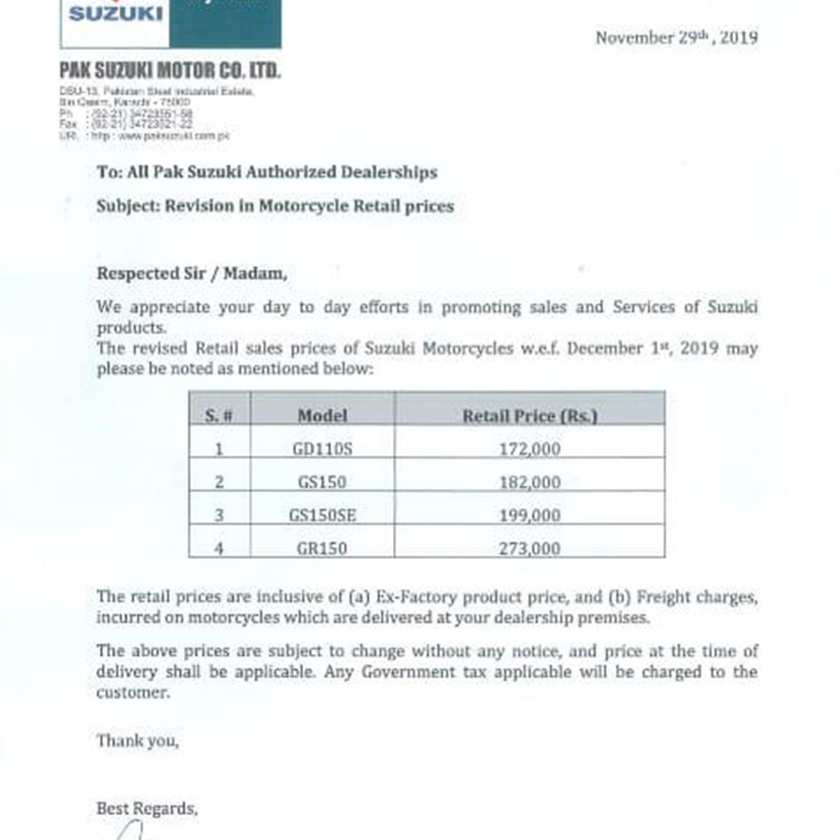 Pak Suzuki Increased the Prices of Bikes in December 2019